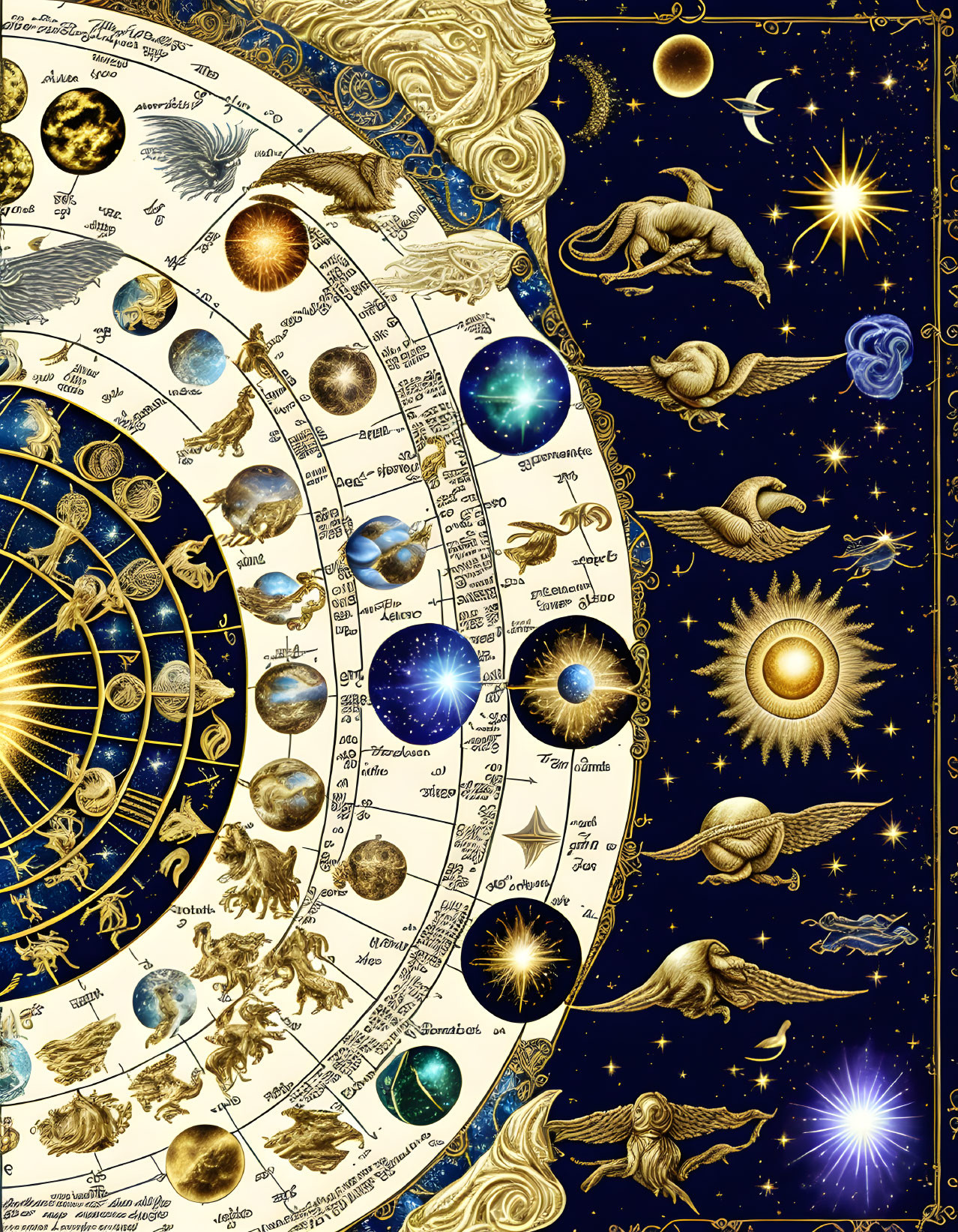 Celestial Map Featuring Zodiac Signs, Planets, Stars, and Mythological Figures