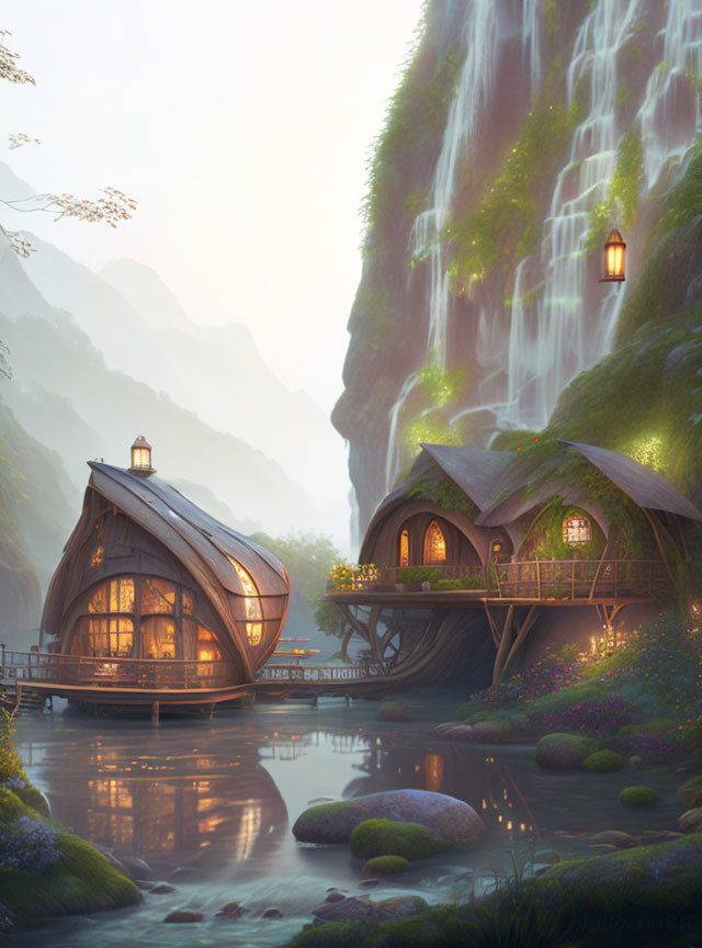 Whimsical fantasy landscape with glowing lanterns and waterfall
