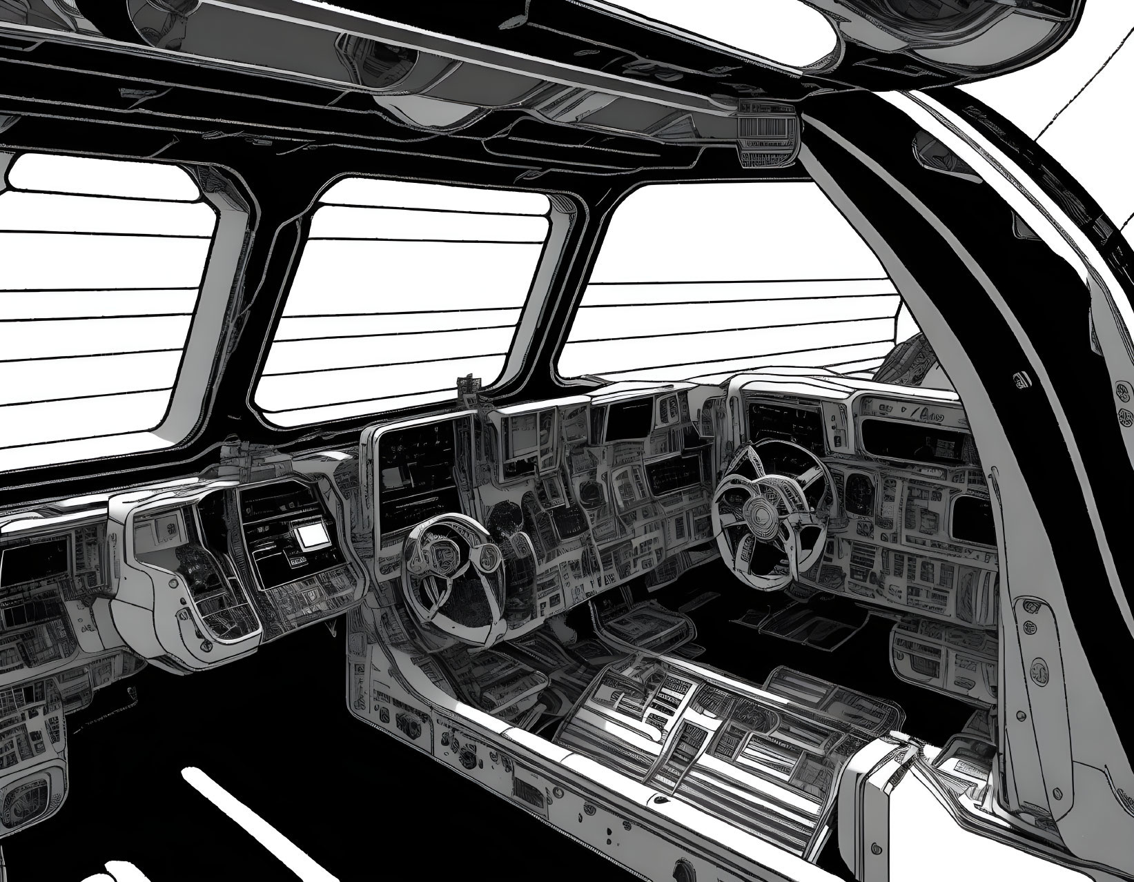 Detailed Line Drawing of Spacecraft Cockpit with Control Wheels, Panels, Switches, Screens, and