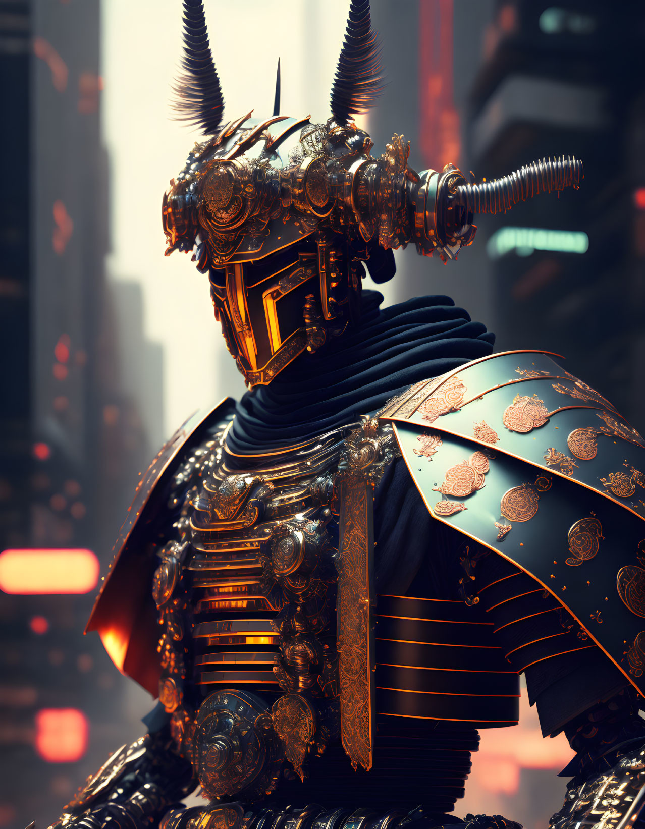 Futuristic samurai robot in intricate armor against neon cityscape