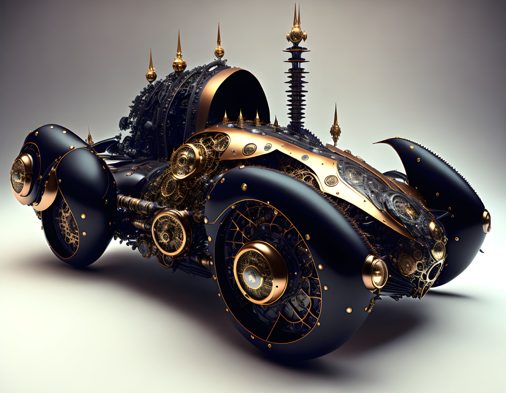 Intricate steampunk vehicle with golden gears and dark metallic design