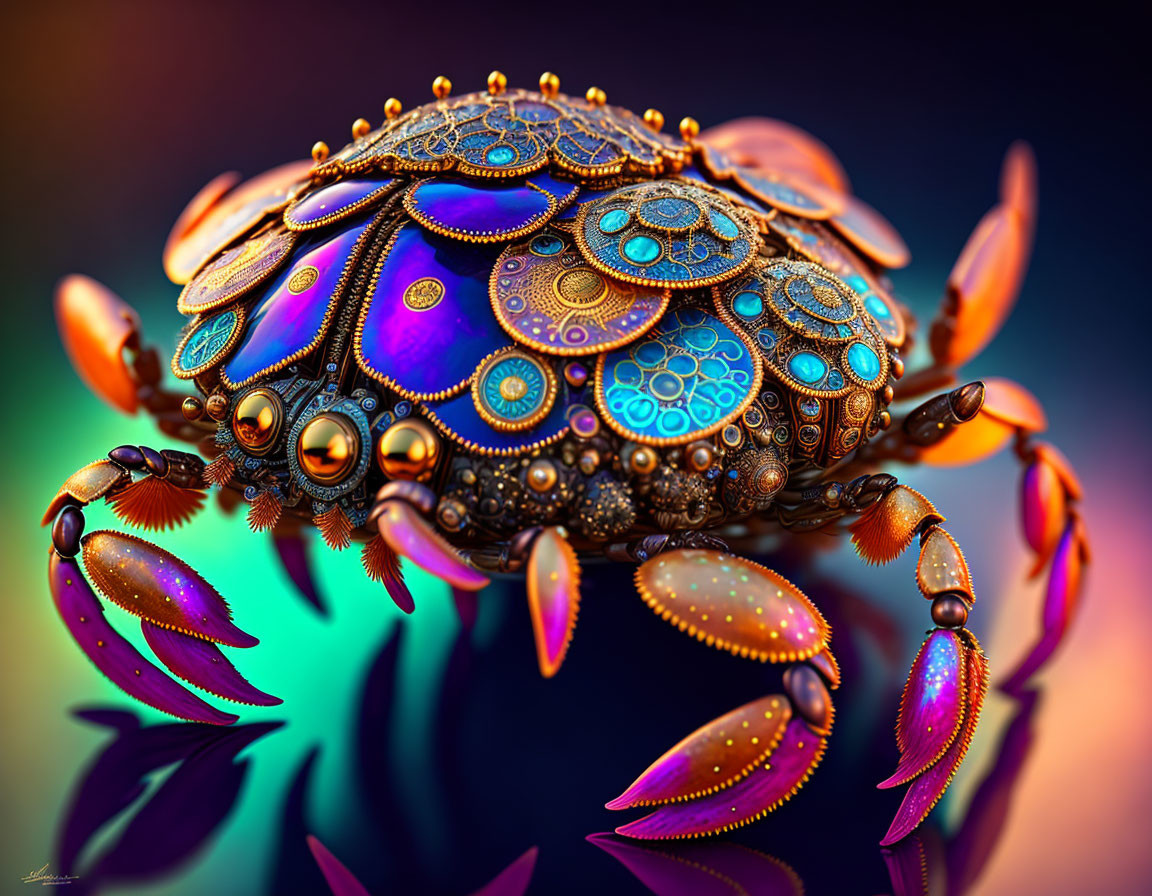 Colorful Stylized Crab Artwork with Ornate Patterns and Jewel-like Details