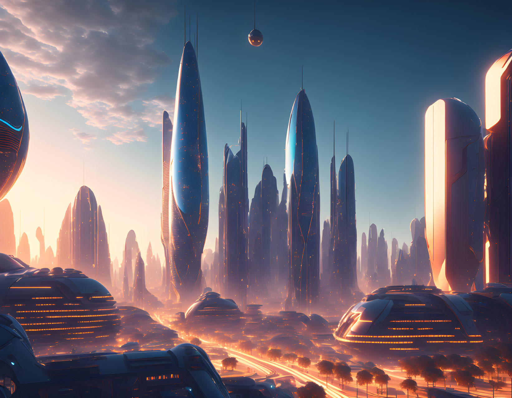 Futuristic cityscape: towering skyscrapers, glowing lights, clear sky