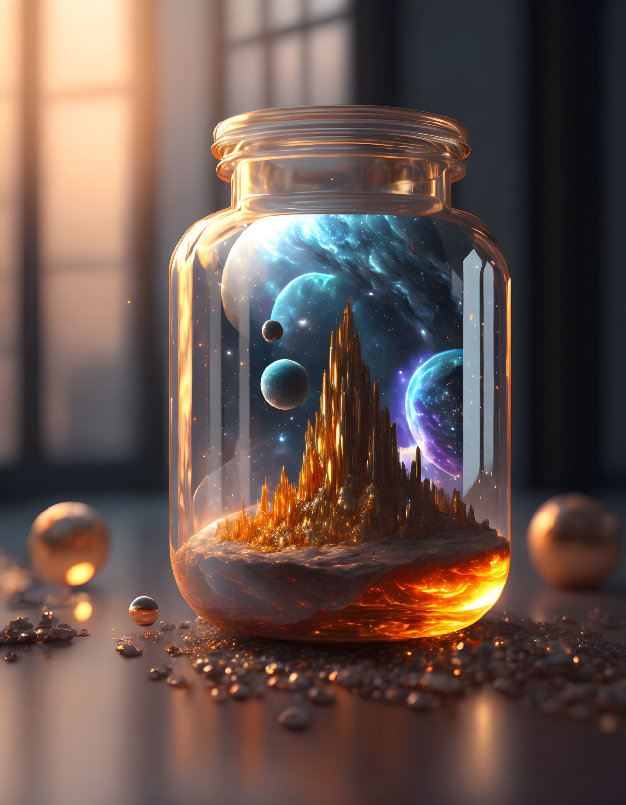 Glass jar with fantasy landscape and cosmic sky on bead-strewn surface