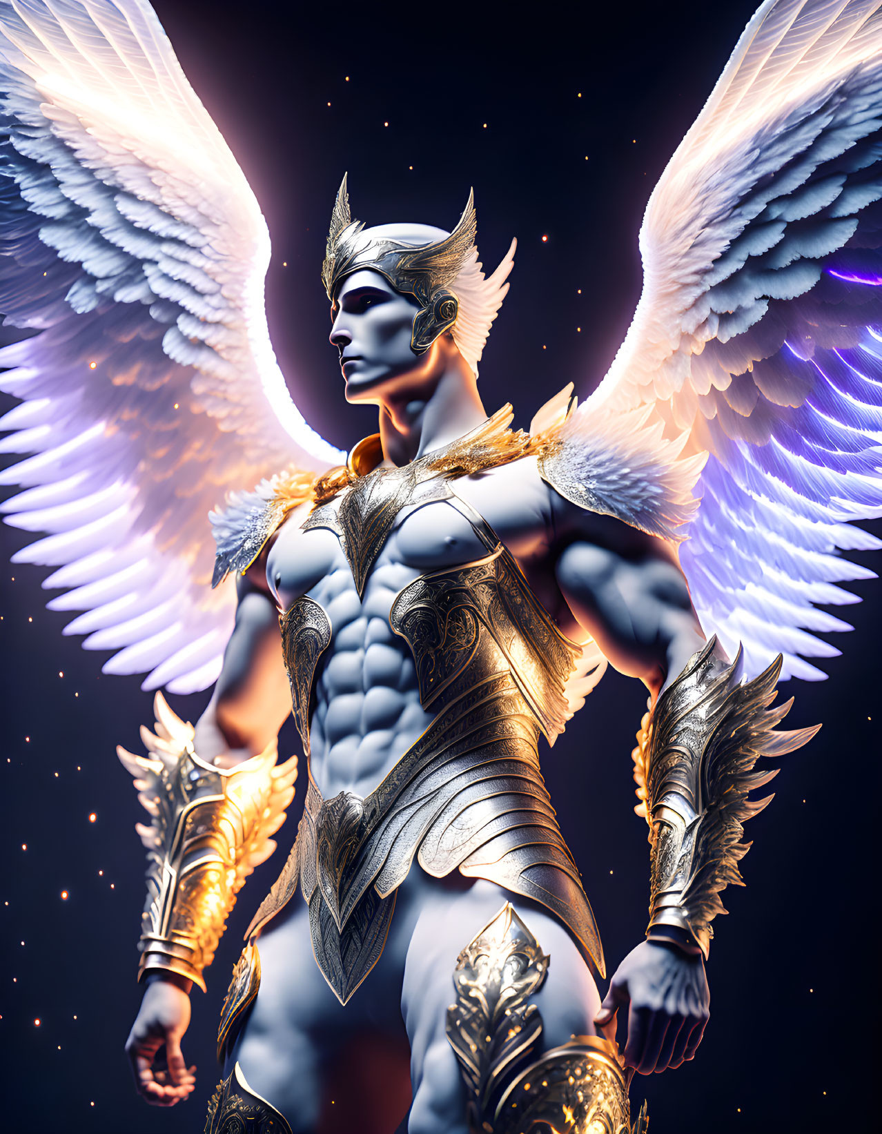 Muscular angelic figure in golden armor with white wings on dark background