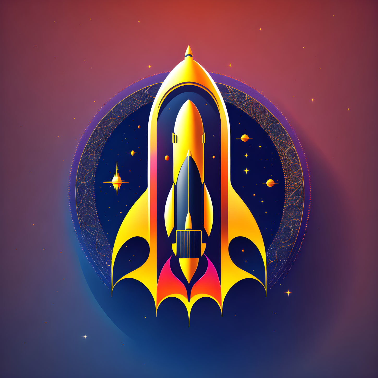 Vibrant space shuttle launch illustration with cosmic background