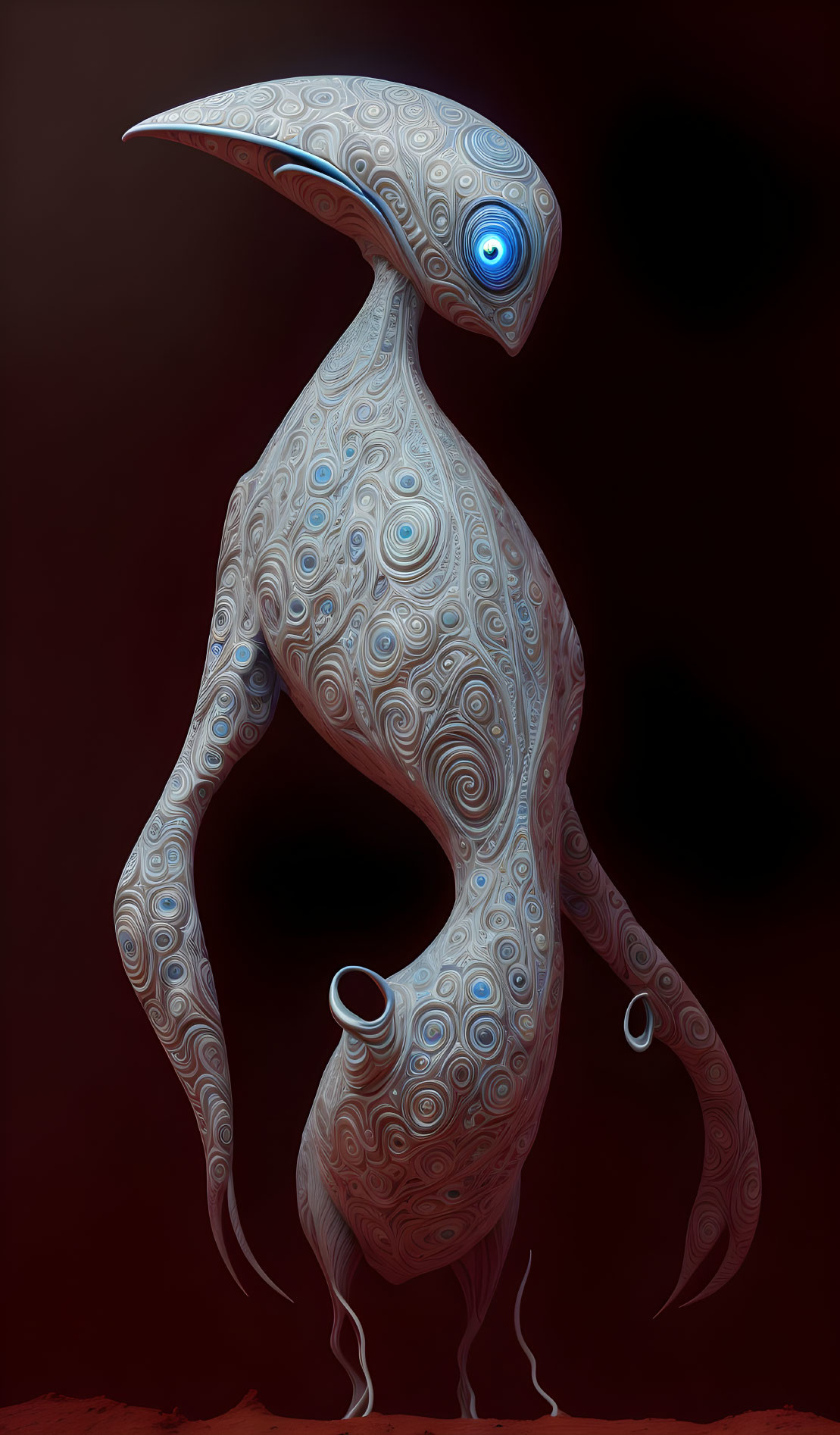Unique Alien Creature with Long Curved Neck and Ornate Body on Dark Background
