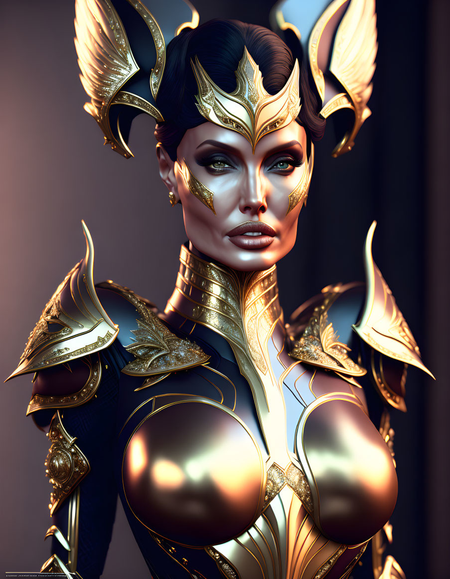 Detailed digital artwork of woman in ornate golden armor with intricate designs