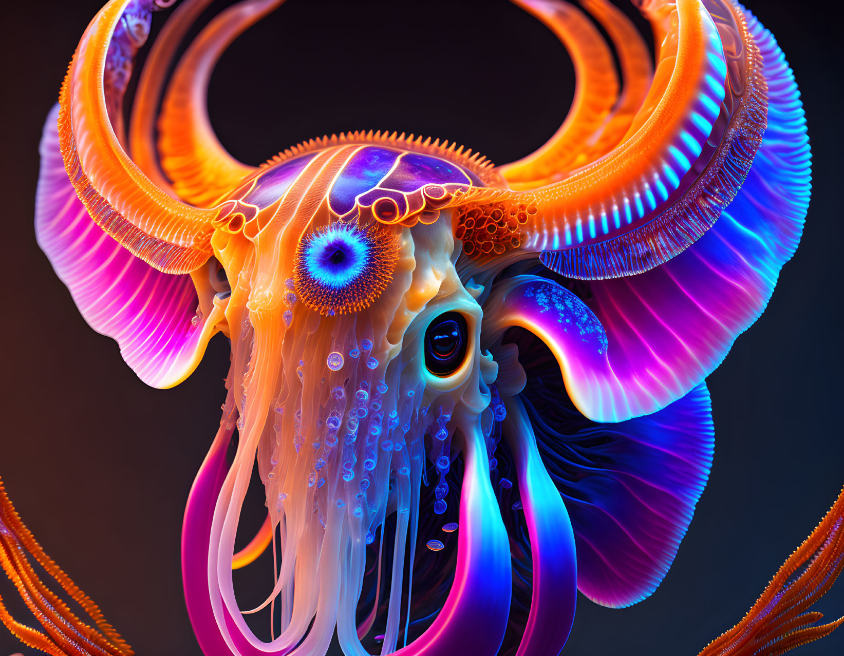 Colorful digital artwork of fantastical octopus-like creature with intricate horns and one eye