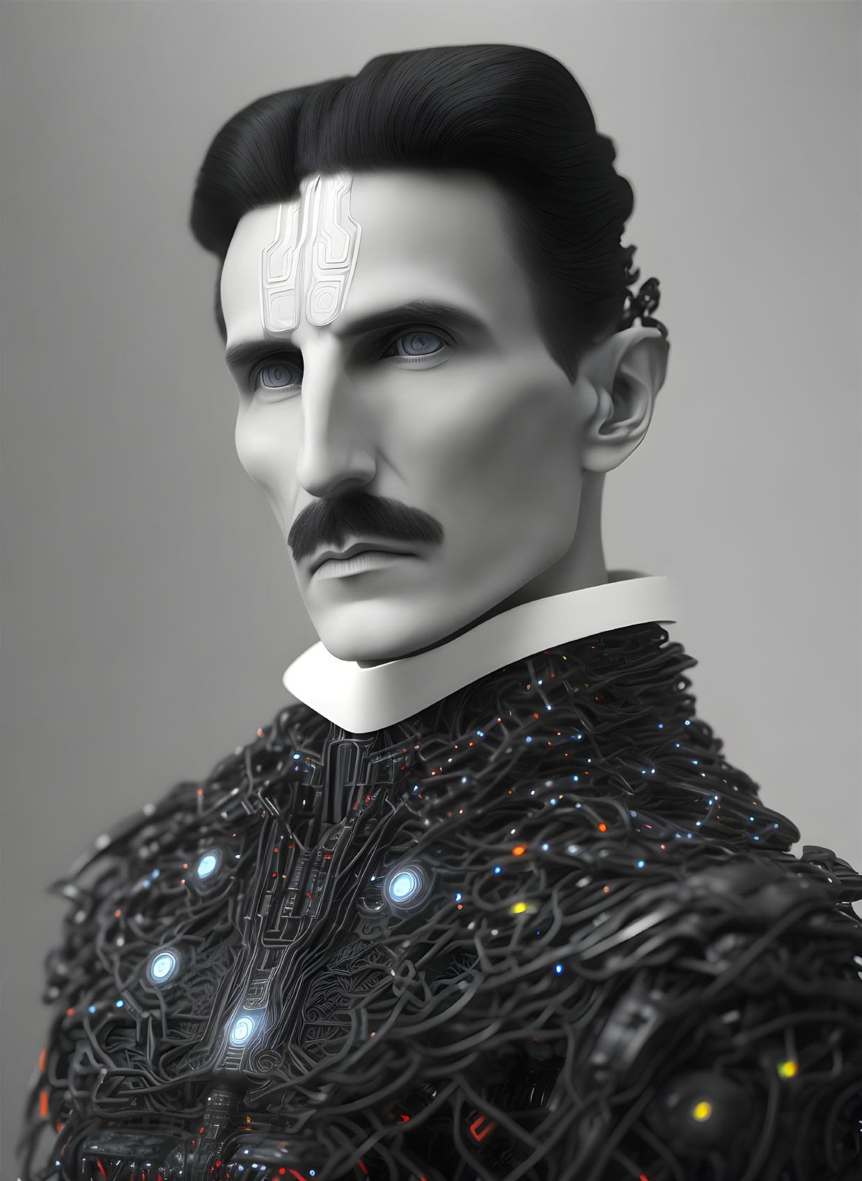 Monochromatic portrait of a man with stylized facial hair and illuminated circuitry, emitting a futuristic