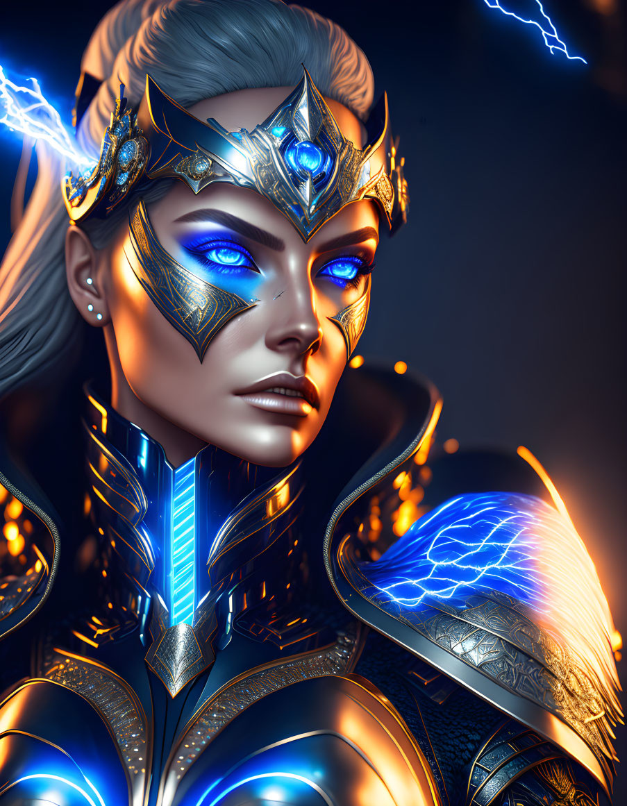 Fantasy warrior woman with glowing blue eyes and golden armor
