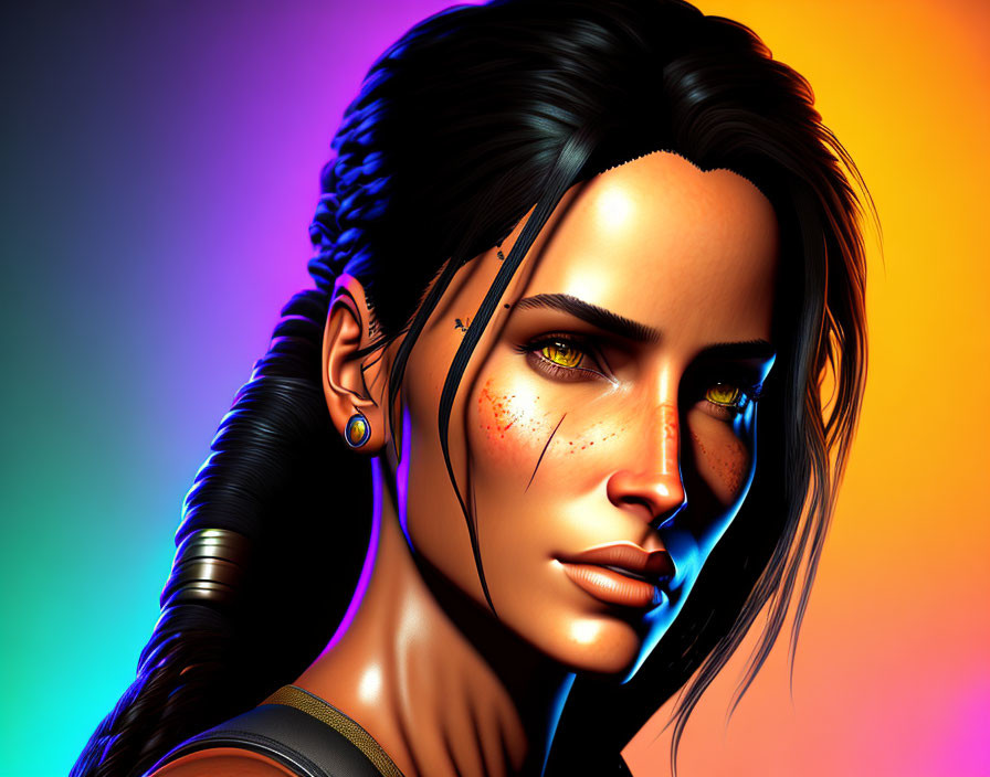 Digital illustration: Woman with amber eyes, dark hair in braid, freckles, vibrant mult
