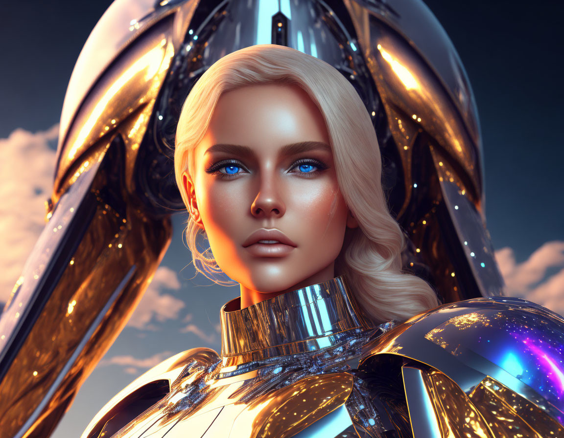 Futuristic female robot with metallic body, blue eyes, blonde hair, and wings in blue sky