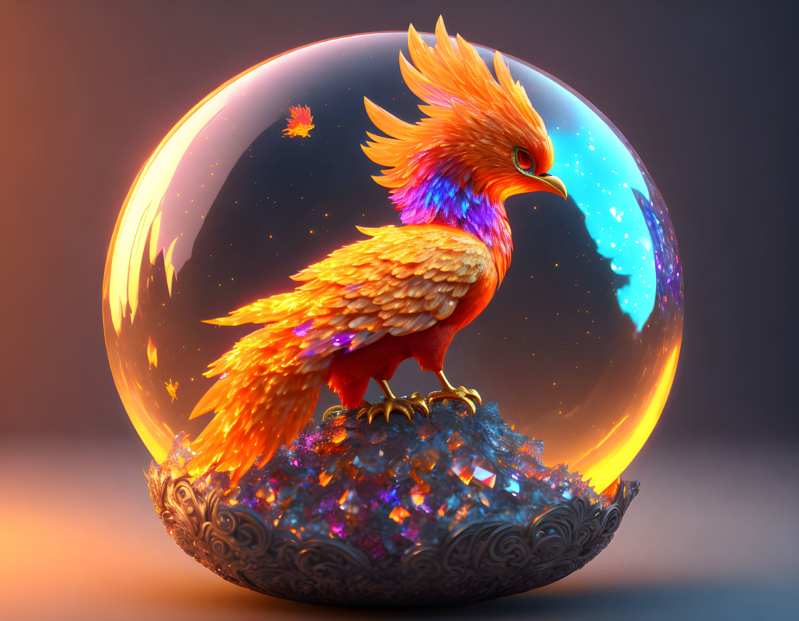 Fiery phoenix in transparent orb surrounded by celestial bodies
