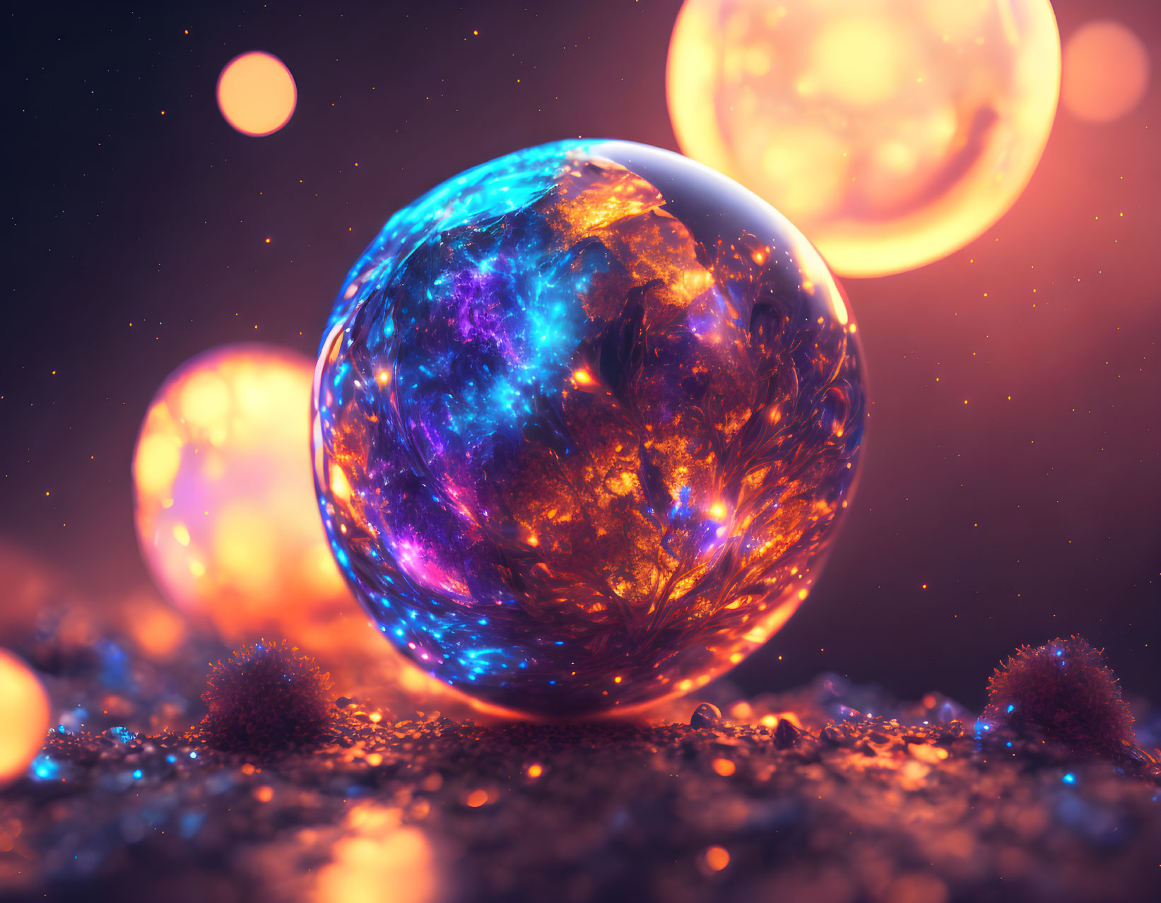 Glowing iridescent spheres in cosmic nebula setting