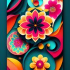 Colorful Paper Quilling Artwork with Floral Patterns on Dark Blue Background
