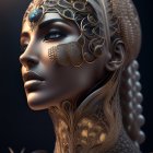 Intricate metallic woman with nature-inspired headpiece and neckpiece