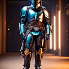 Futuristic armor character with reflective helmet in dimly lit room