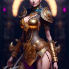 Luxurious golden fantasy armor with glowing blue gem on woman in digital art