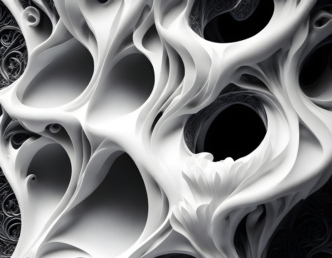 Abstract monochrome image with organic shapes and intricate patterns resembling bone-like structures and swirling voids