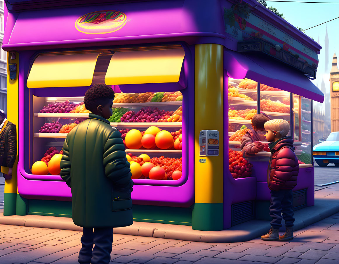 Colorful fruit stand with children at twilight in city setting