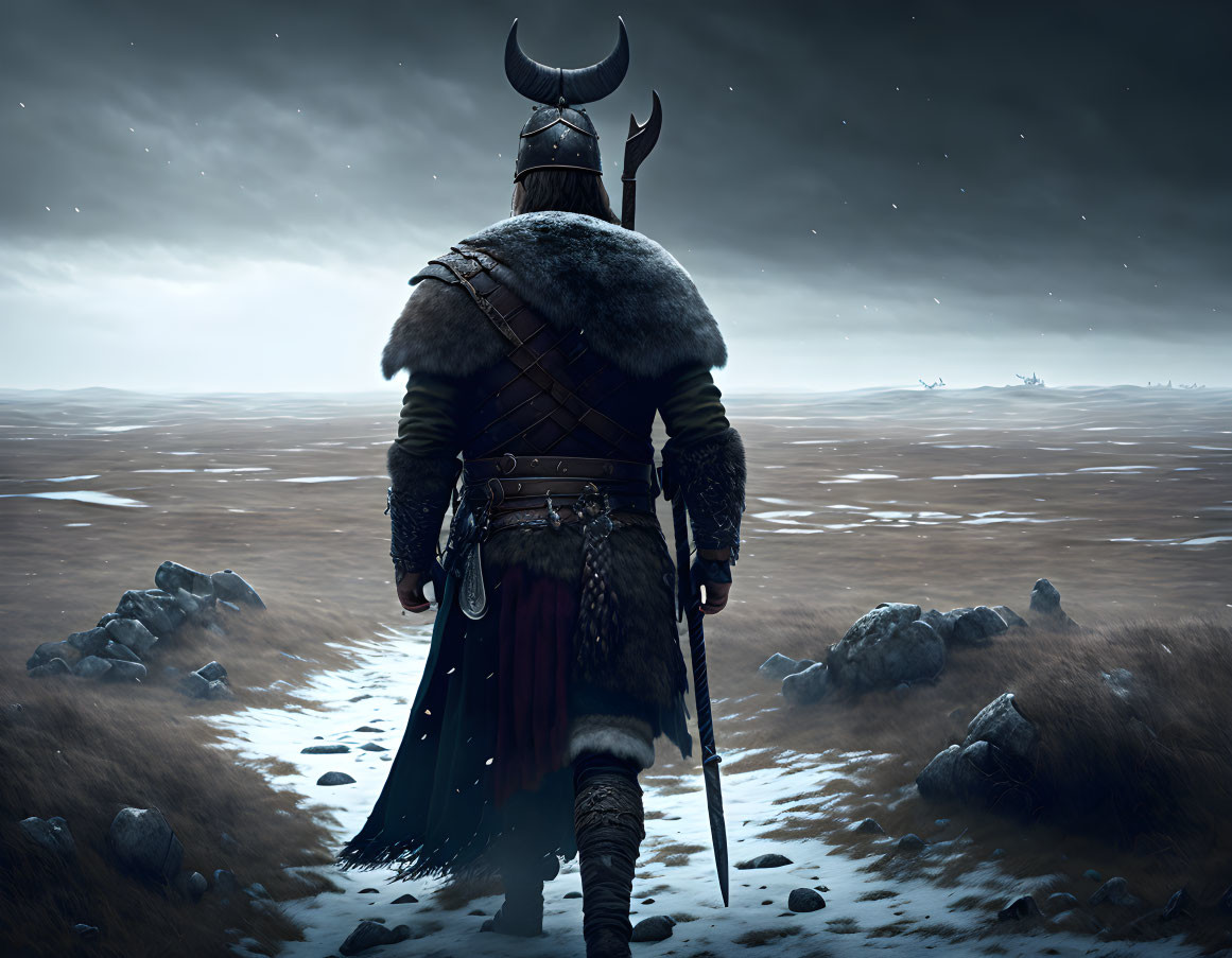 Viking warrior with sword on rocky landscape under stormy sky