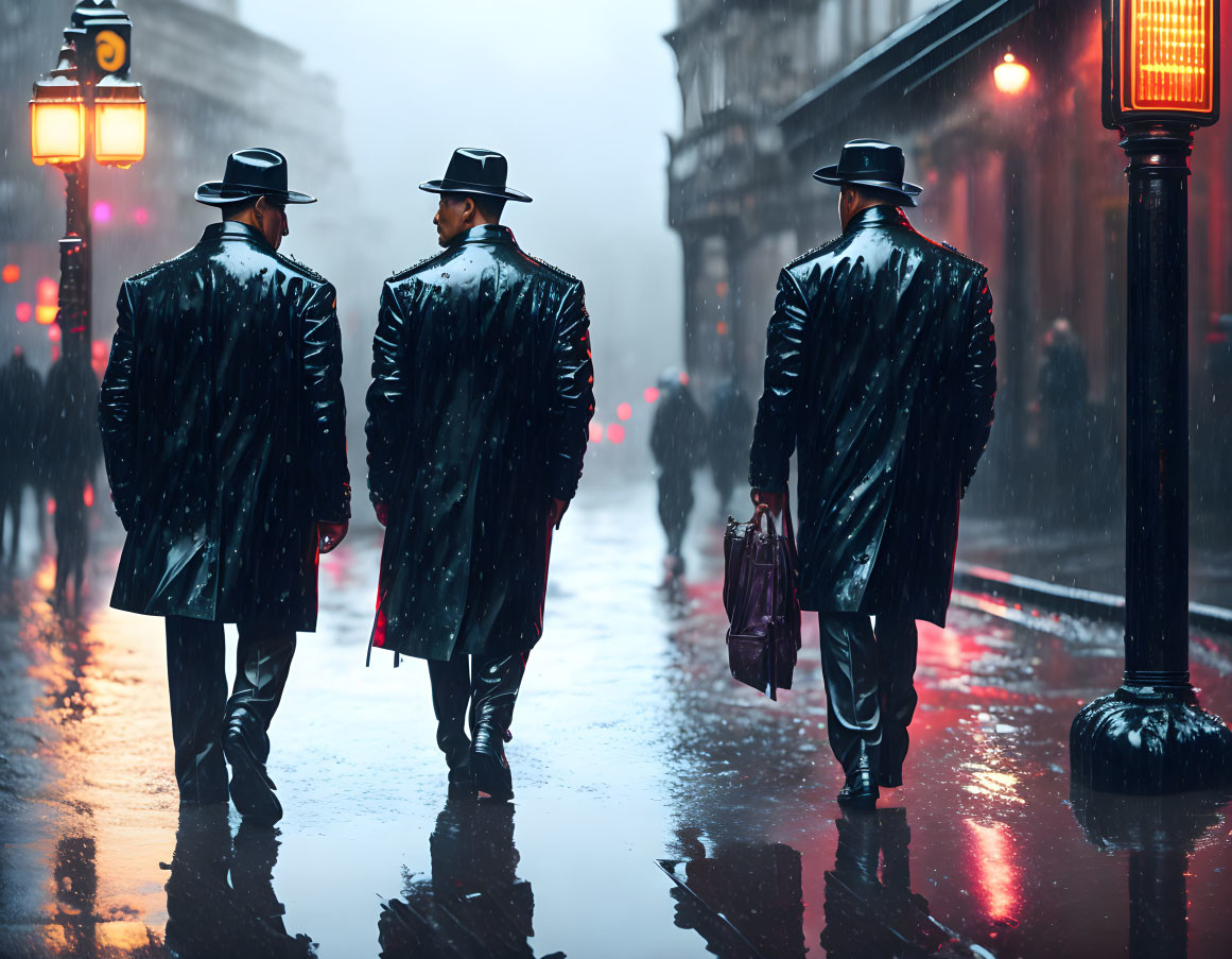 Three people in trench coats and fedoras in rain on city street at dusk, one with red bag