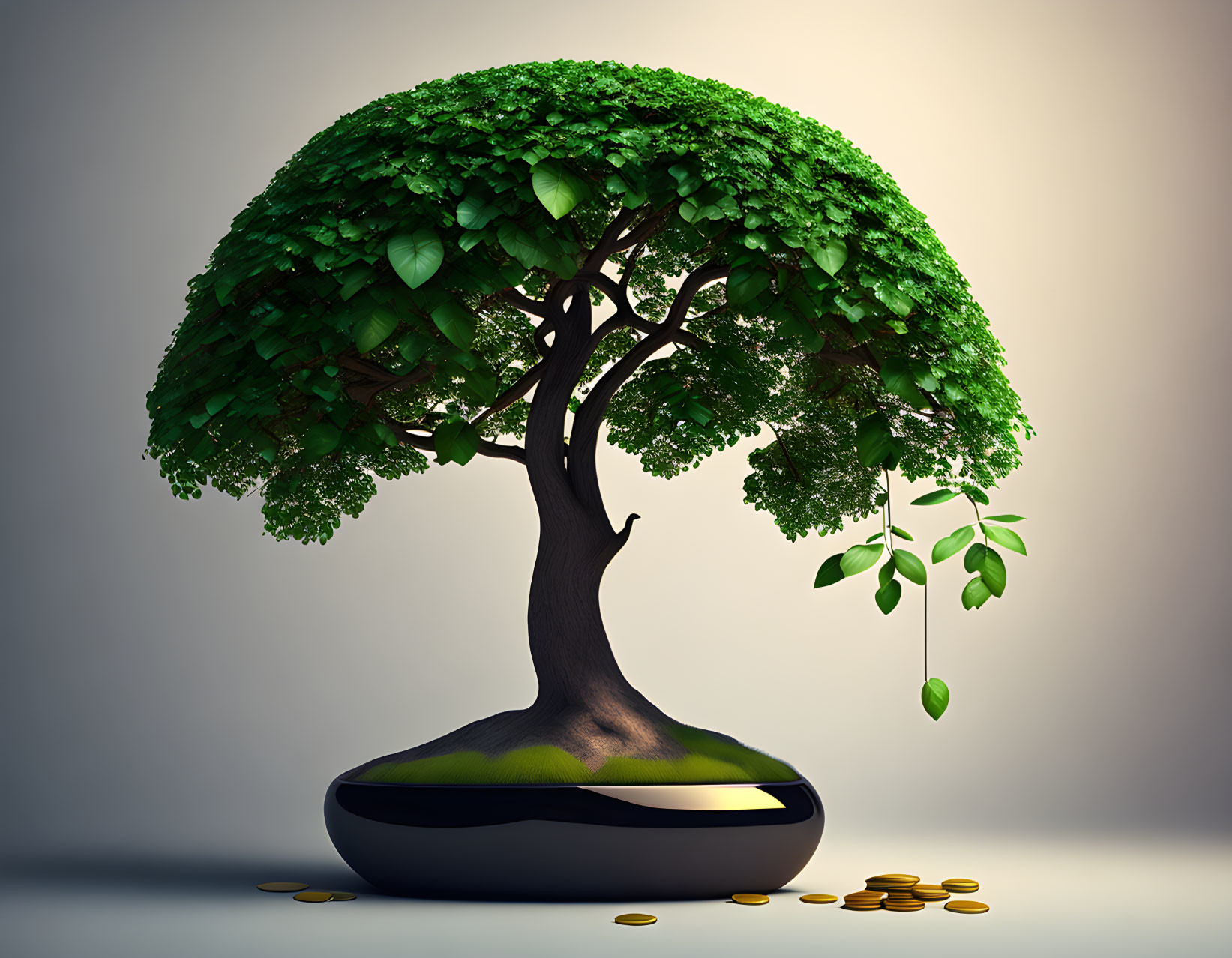 Green tree in black pot with scattered gold coins symbolizing financial growth