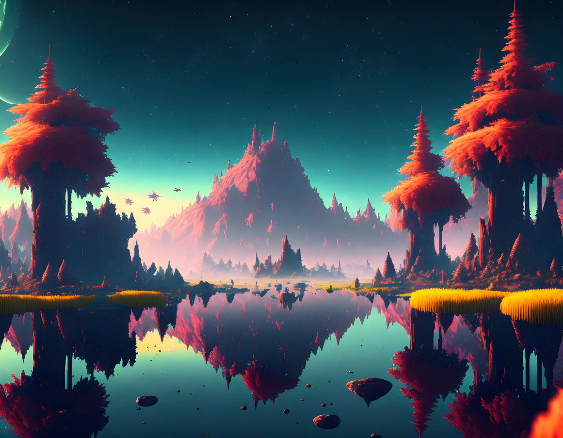 Tranquil landscape with pink trees, lake, mountain, twilight sky, planets, and birds