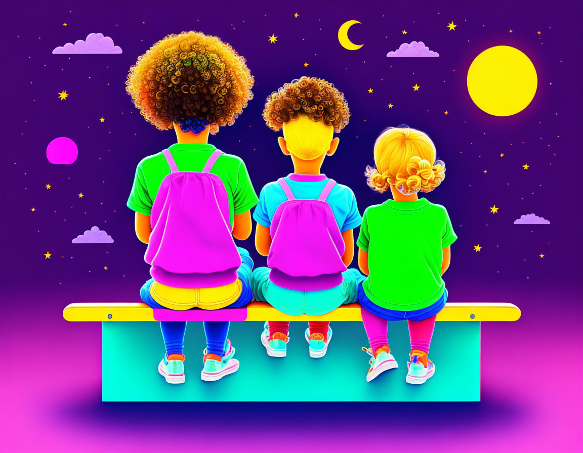 Children on bench under purple sky with stars & clouds