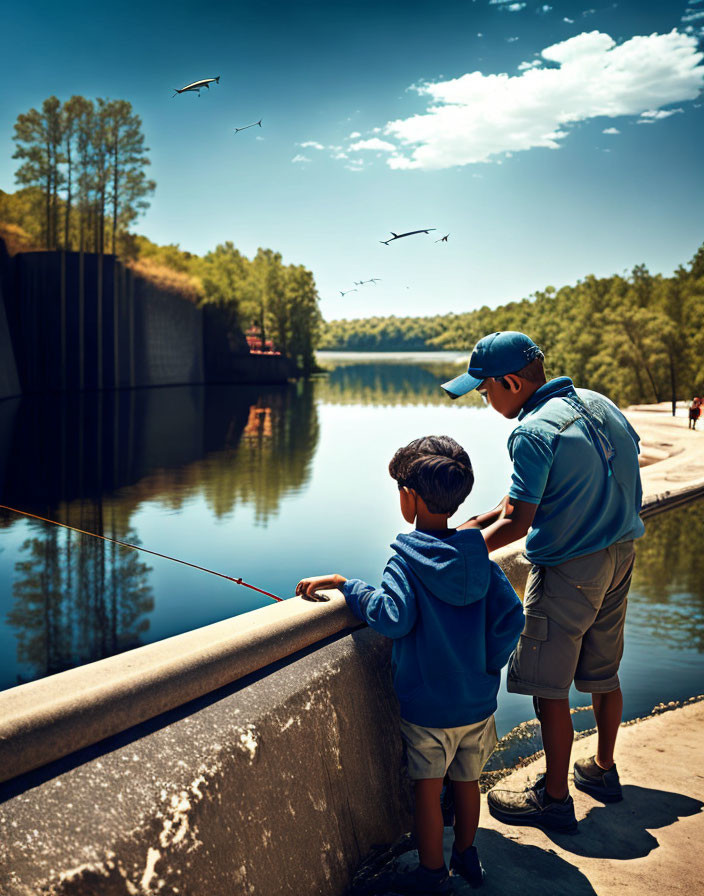 Father and son fishing by calm lake with birds and forest on sunny day