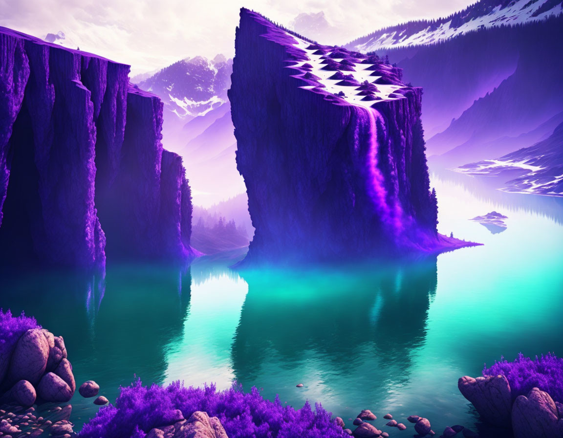Colorful surreal landscape with flag-decorated mountain and emerald waters