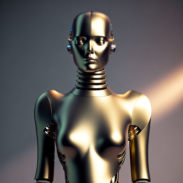 Shiny gold-and-silver female humanoid robot with stylized face on gradient background