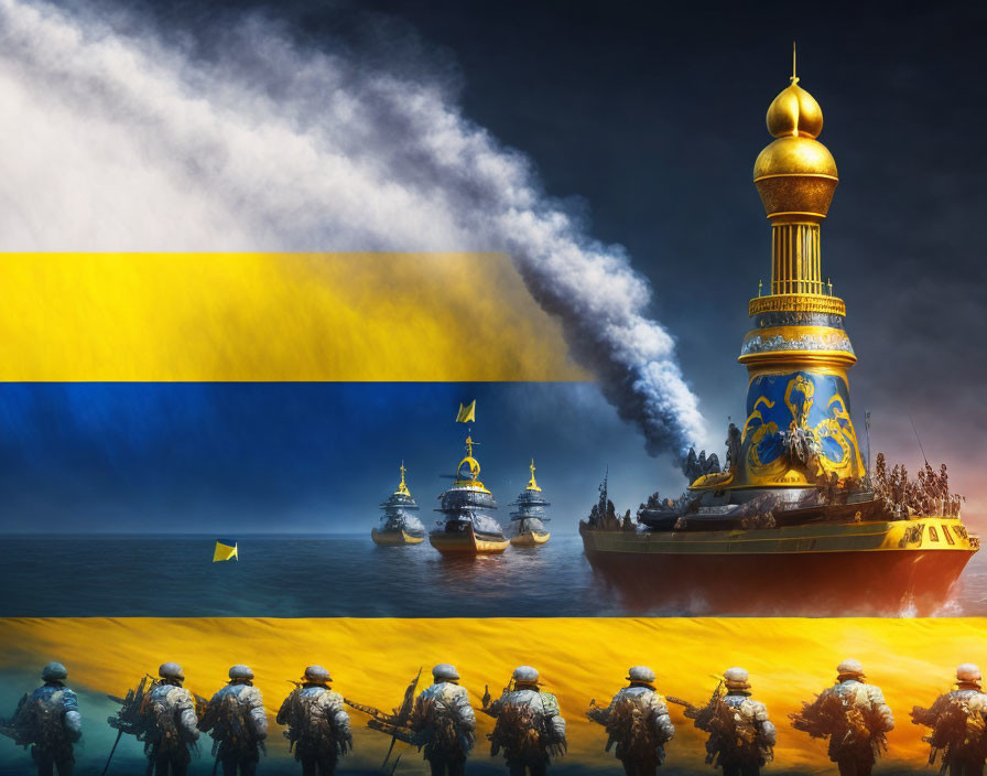 Surreal image: Ukrainian flag, soldiers, ships, golden dome, smoke