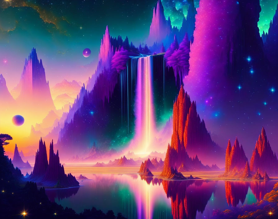 Fantasy landscape with mountains, waterfall, trees, planets, lake under starry night