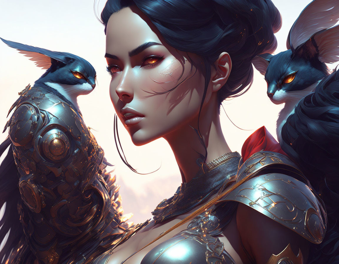 Fantasy digital art: Woman in armor with fantastical bird and feline.