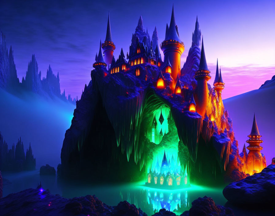 Majestic illuminated castles in vibrant fantasy landscape