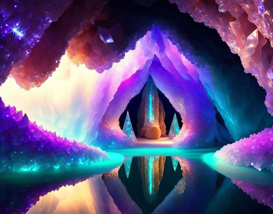Colorful digitally-created cave with purple, blue, and pink crystal formations above serene water.