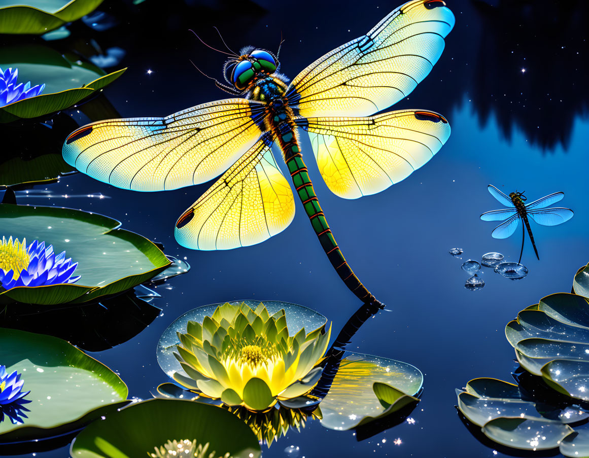  dragonfly, translucent, blue lotus, pond, full mo