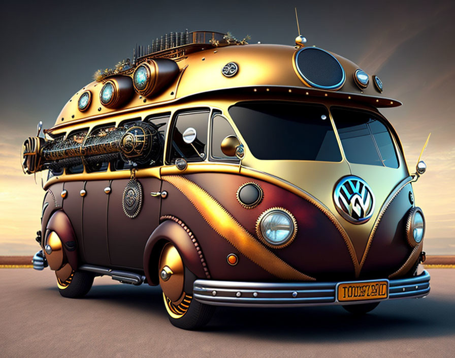 Steampunk-inspired digitally modified Volkswagen bus in bronze and gold hues on sunset backdrop