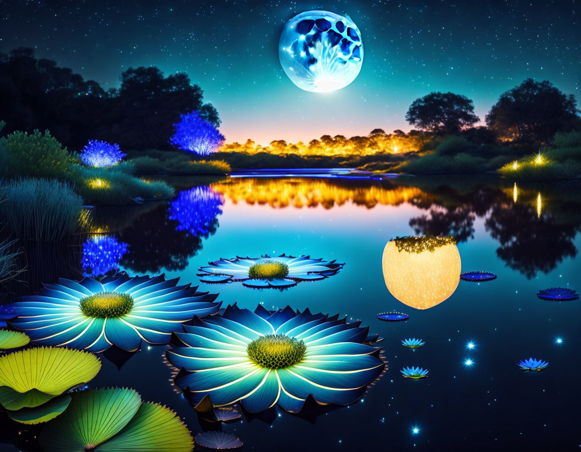 pond, flowering blue lotus plants, bioluminescent,
