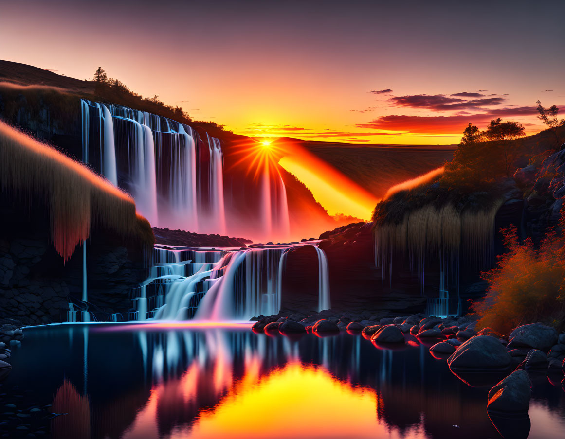 Waterfall reflecting sunset across the way