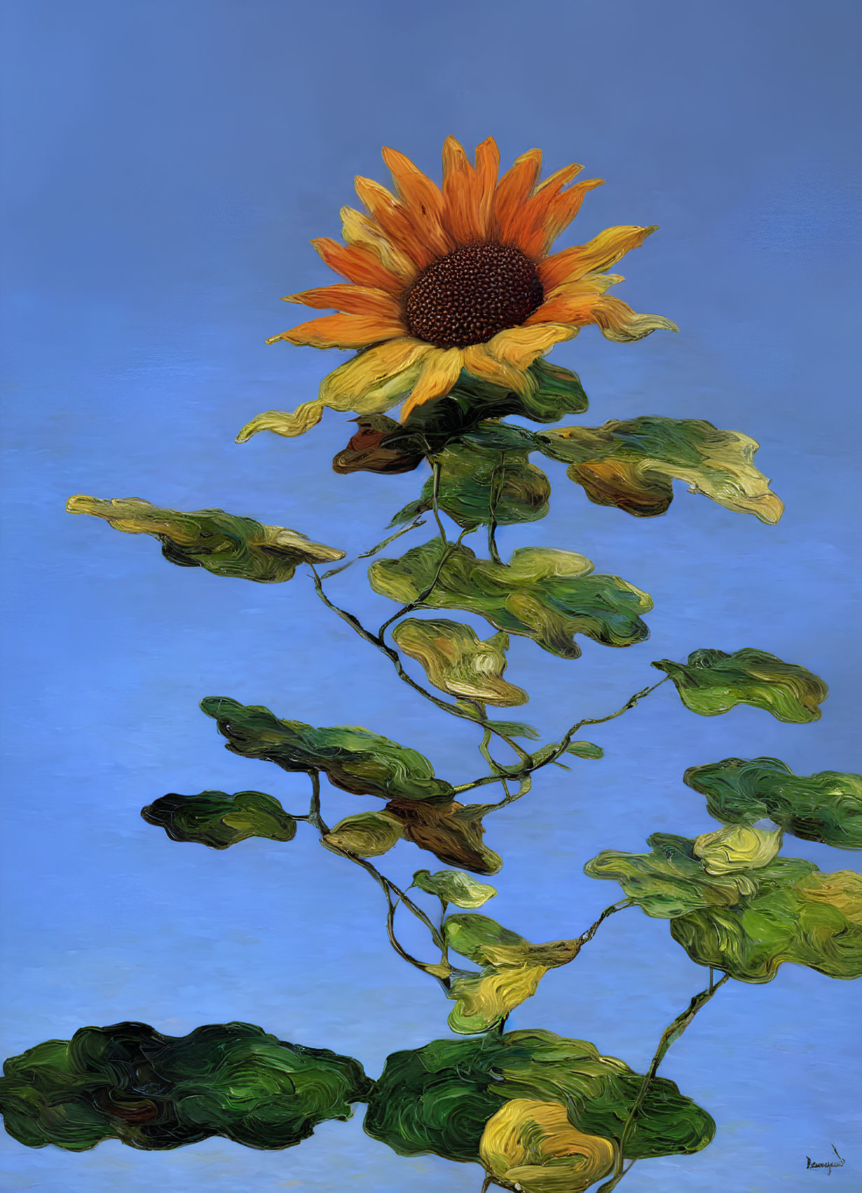Colorful sunflower painting on blue background with detailed leaves and prominent bloom.
