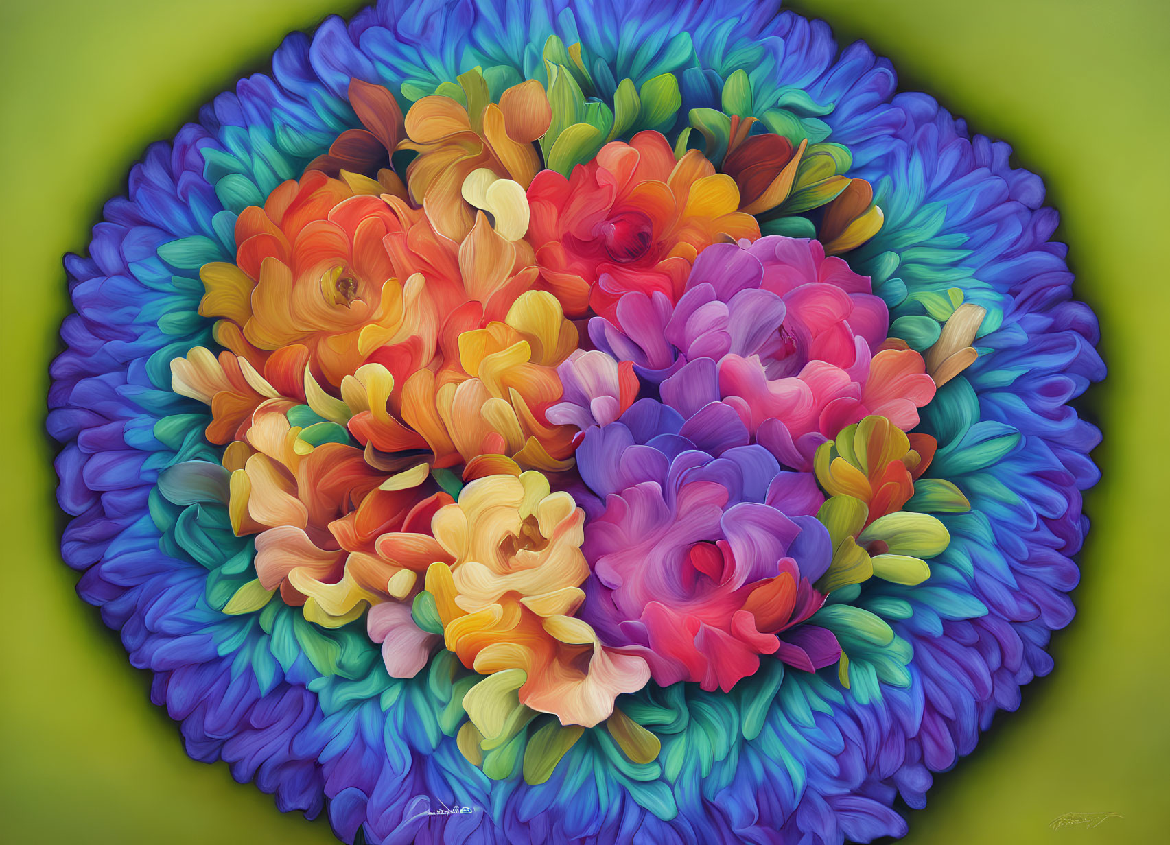Colorful 3D floral arrangement in blue, orange, pink, and green