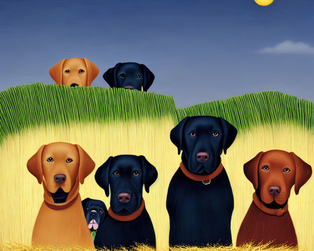 Six dogs peeking through fence with blue sky and yellow moon
