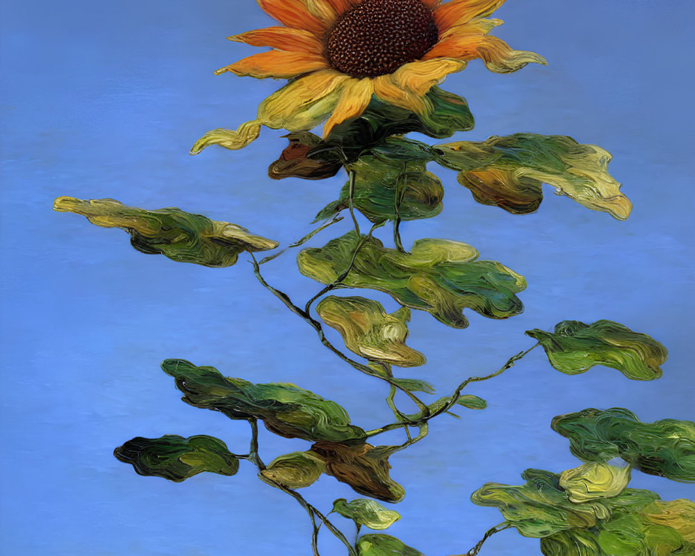 Colorful sunflower painting on blue background with detailed leaves and prominent bloom.