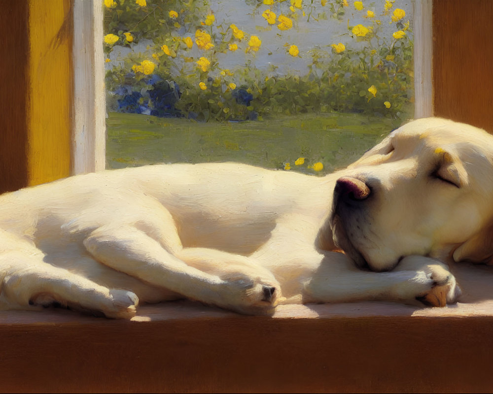 Labrador Retriever Sleeping by Sunlit Window with Yellow Flowers View