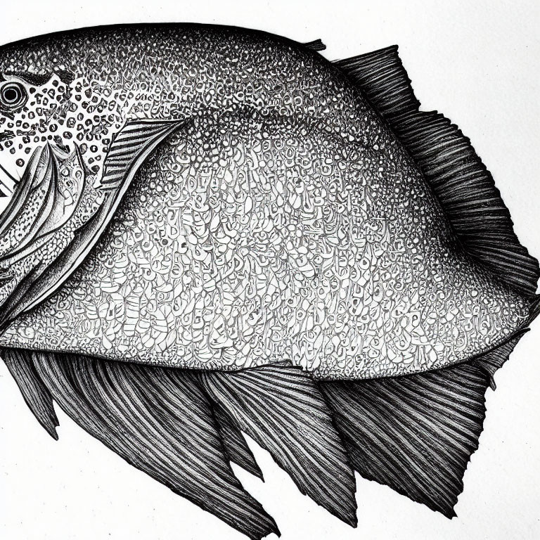 Detailed Black and White Ink Drawing of Intricately Patterned Fish