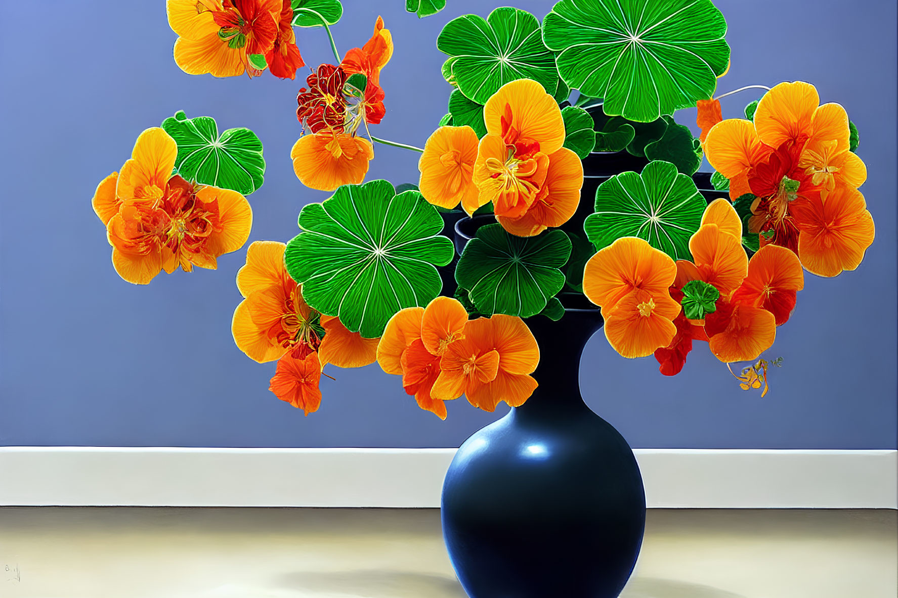Orange Flowers Bouquet in Blue Vase on Blue Wall