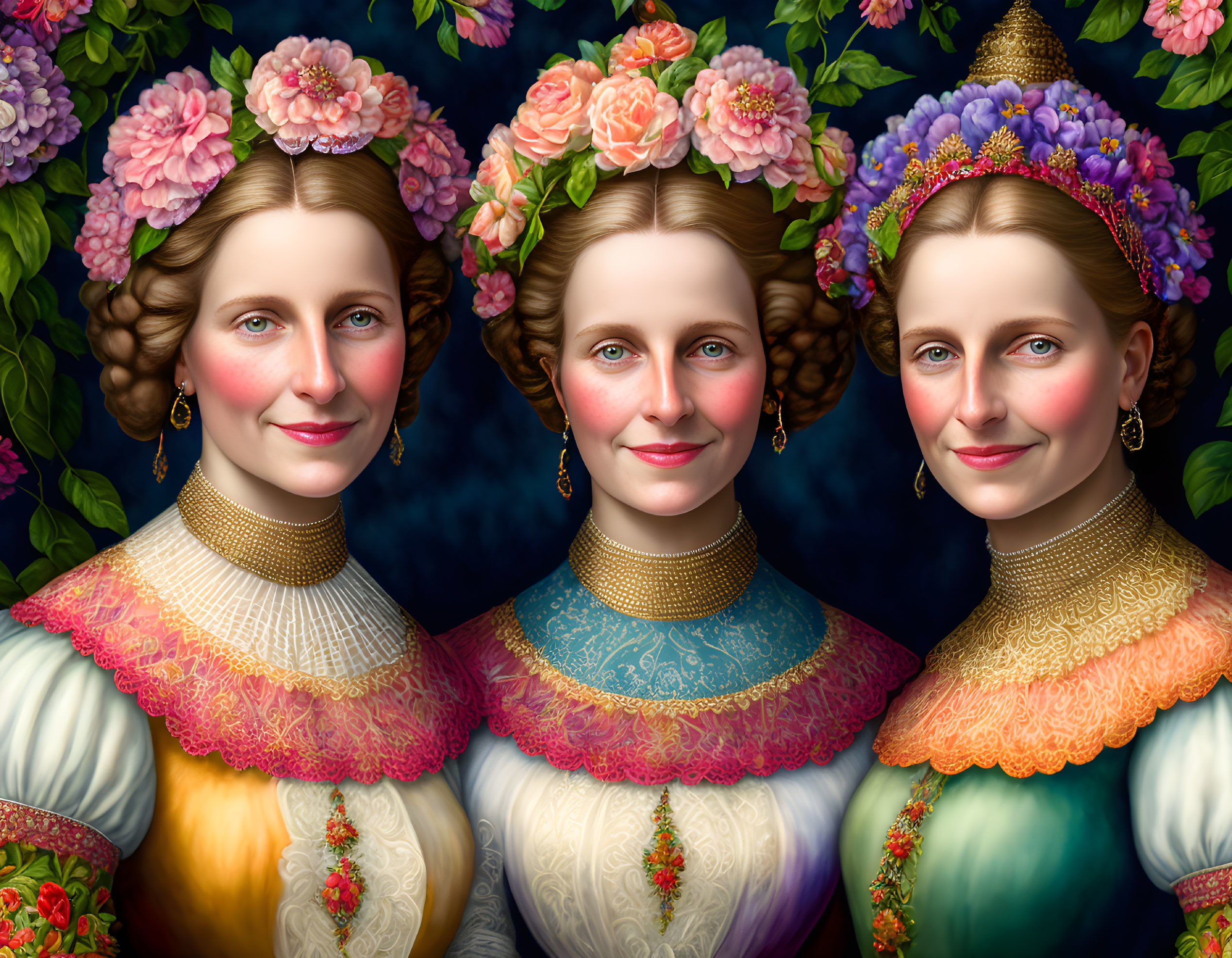 Three Women in Traditional Attire with Floral Headpieces Standing Against Floral Backdrop